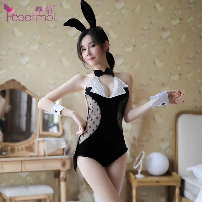 LAZADASEXTOYS Sexy lingerie gold velvet gentleman bunny uniform temptation sexy gauze perspective open file exposed buttocks Vibrators